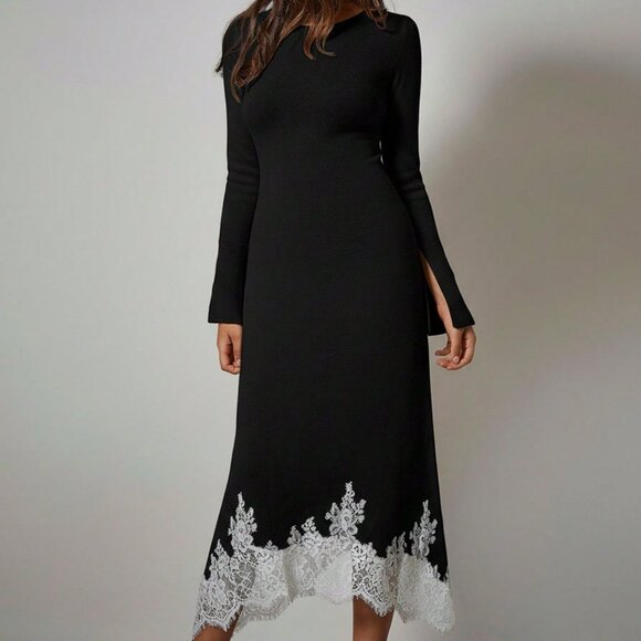 Black Elegant Women's long Flare sleeved Lace detailed Sweater dress - Picture 4 of 7